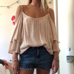 Linen off the shoulder beige/pink top/blouse